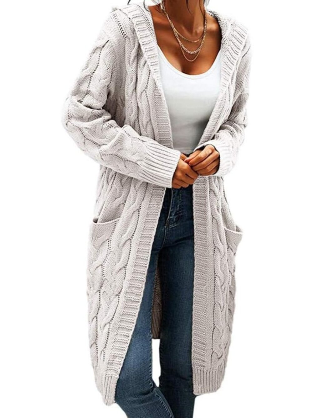 Cozy Hooded Open Front Cardigan - Chunky Cable Knit Long Sweater Coat for Women